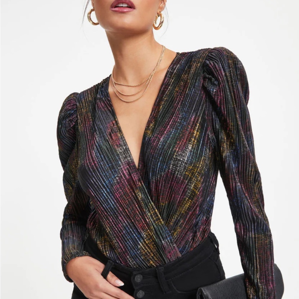 NEW Vici Collection Rainbow Metallic Puffed Sleeve Bodysuit.